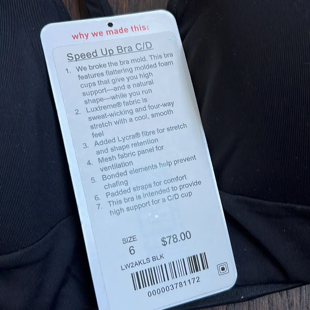 Lululemon Speed Up Bra *High Support for C/D Cup (Black) - 6